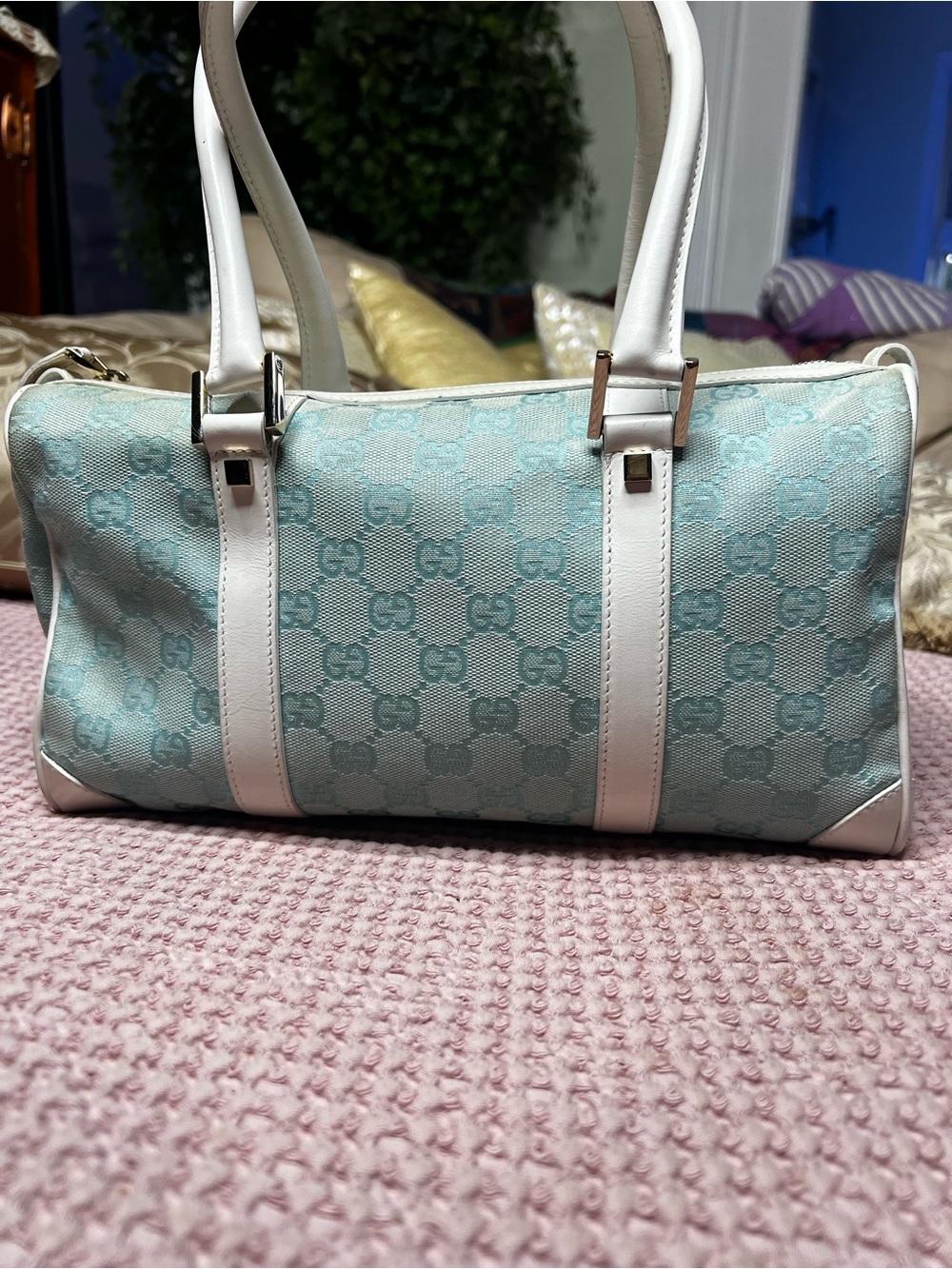 Gucci Vintage Light Blue/Teal GG Canvas Boston Satchel Bag - Picture 3 of 13